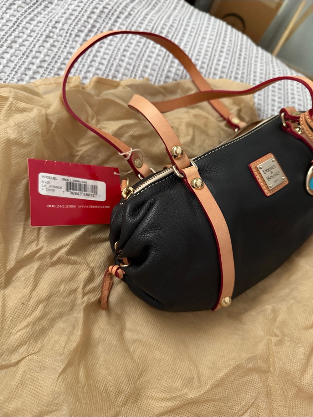 Dooney & Bourke Black Leather Shoulder Bag with Tan Straps and Coral Edge - Picture 5 of 7